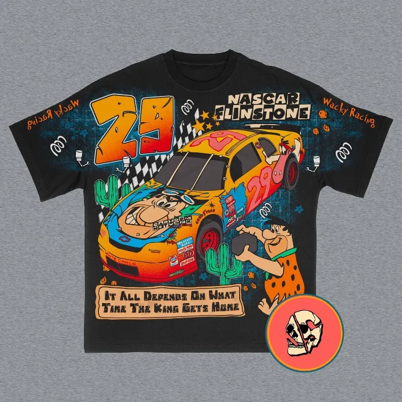 2024 New American Street Retro Personality Anime Cartoon Car Letter Printed T-shirt Men Y2k Harajuku Fashion Casual Loose Shirt