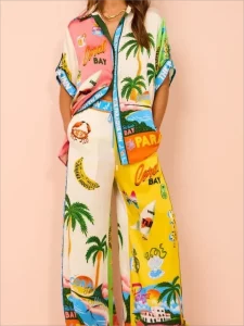 Women Holiday Casual Printed Coconut Trees Short Sleeve Shirt Blouse Top Loose Long Pants 2 Piece Set Summer Beach Outfits Suit - Image 2