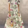 Vintage Boho Floral Print Maxi Dress Short Sleeve O Neck Cotton and Linen Loose Oversize Long Dress Summer Party Sundress Robe