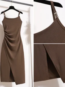 Solid Color Strap Dress 2023 New Summer Women's Large Off Shoulder Irregular Pleated Split Skirt Slim Mid Length Underlay Dress - Image 4