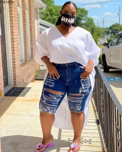 CMYAYA Plus size Knee Length Denim Women Retro Solid Hole Jeans Ripped Pencil Trousers Street Skinny High Waist Lady Pants - Image 2
