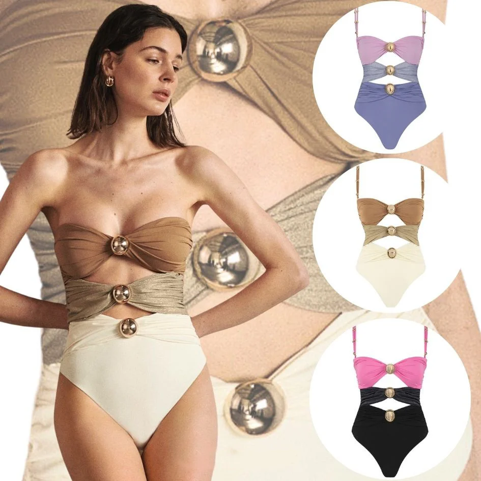 Sexy Backless Bikinis Sets Halter Sleeveless High Waist Bikinis Fashion Ceach Style Patchwork Shiny Button Swimsuits 2024 Woman