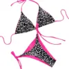 Women 2 Pieces Y2k Bikini Swimsuit Leopard Print Tie-Up Halter Neck Padded Bra Thong Bottom Beach Bathing Suit Set