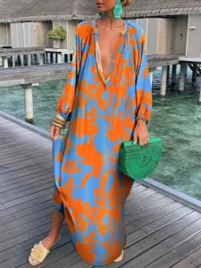 Women Boho Maxi Dress 2023 Summer Sexy Deep V-Neck Long Dresses Vintage Print Long Sleeve Loose Beach Cover Up Female Dress Robe - Image 4