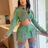 Weird Puss Hand-Printed Women 2Piece Set Polo Neck Single-Breasted Crop Tops Side Pockets Mini Skirt Streetwear Matching Suits