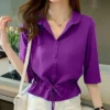 Summer Women All-match Solid Turn-down Collar Half Sleeve Chiffon Shirt Fashion Casual Shirring Single-breasted Blouses Female - Image 6