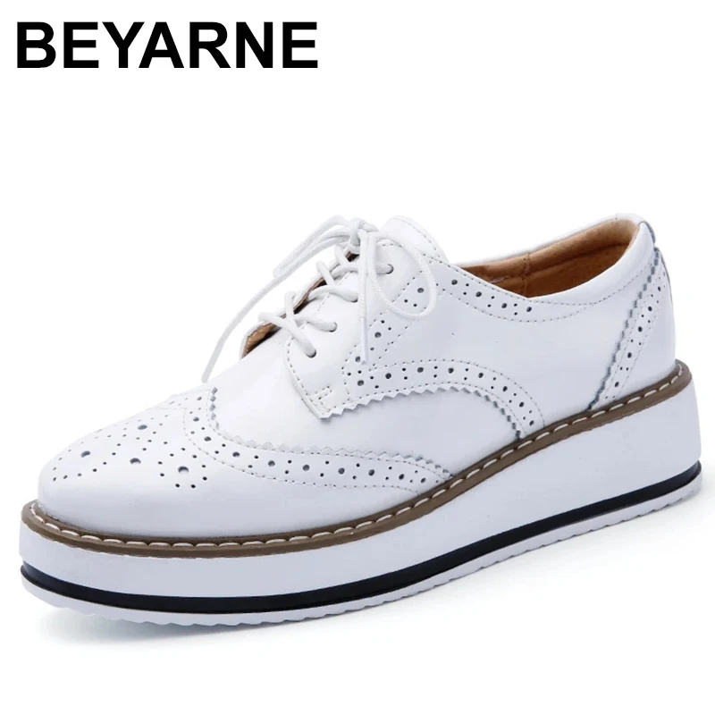 Genuine Leather Shoes Women Flats Oxford Lace Up Striped Platform White Black Fashion Vintage Platform Brogue Shoes Woman