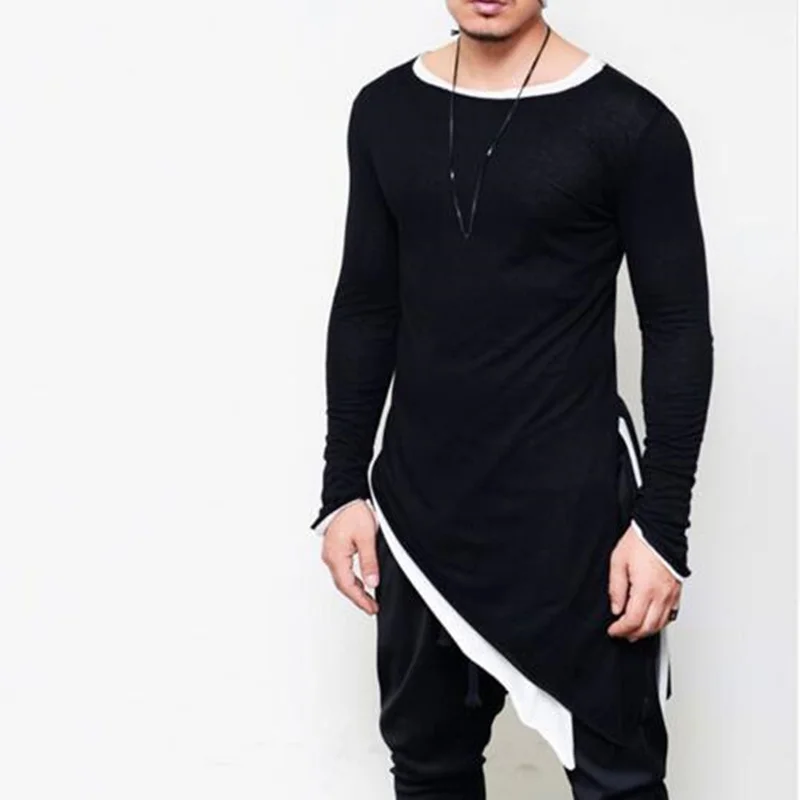 Men asymmetrical design punk hip hop long sleeve t shirt side split long tee shirts mens casual vintage streetwear gothic tops