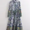 Woman Casual Blue Long Print Shirt Dresses 2022 Spring Female High Waisted Sashes Dress Ladies Long Sleeve Button Dresses