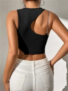 High Street Grunge Chain Cut Out Crop Top Women Summer Y2K Clothes Solid Black Asymmetrical Neck Sleeveless Tank Top Streetwear - Image 3