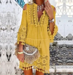 Beach Boho White Lace Fashion Eu Boho Mini Dress Women Autumn Pop Tassel Loose V Neck Dresses Lady Beach Female Clothing - Image 2