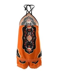 Women Two Piece Outfits 2022 Wome Tribal Print Tassel Trim Halter Top & Vintage Shorts Set - Image 6