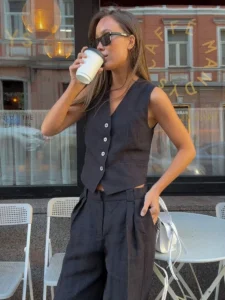 Wolfeel Womem Linen Cotton Chic Vest ＆ Pants Suit Two-Piece Set Office Ladies Summer Chic 2 Piece Sets Womens Outfits - Image 3
