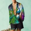 Peacock Pattern Shirt 2Pcs Set 3D Print Men Casual Fashion Shorts Long Sleeves Shirts Oversized Summer Streetwear Suits Clothes - Image 3