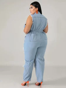 Womens Jeans Plus Size Streetwear One Piece Suit with Sash Denim Elegant Oversized Ripped Jumpsuit Wholesale Bulk Dropshipping - Image 5