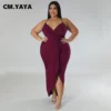 CM.YAYA Plus size Vintage Women Strap V-neck Ruched Up Front High Low Asymmetrical Sleeveless Sexy Party Maxi Long Dress Vestido - Image 3