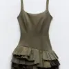 Women's Chic Army Green Suspender Mini Dress Fashion Sleeveless Pleated Bodycon Vestidos Female 2024 New High Streetwear