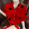 Fashion Lapel Loose Bandage Bow Polka Dot Shirt Women's Clothing 2023 Summer New Oversized Casual Tops Half Sleeve Korean Blouse - Image 2