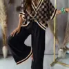 Sexy V Neck Midi Sleeve Shirt Pants Set Spring Summer Fashion Print Blouse Solid Trousers Two Piece Sets For Women Outfit 2024