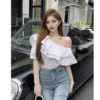 Blouses Women Pink Yellow Casual Summer Lady like Ruffles Design Streetwear New Korean Sweet Skew Collar Fashion All-match Solid - Image 3