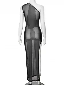 Sexy Sleeveless One Shoulder Printed See Through Mesh Dresses for Women 2024 Summer High Slit Slim Black Beach Holiday Dress - Image 6