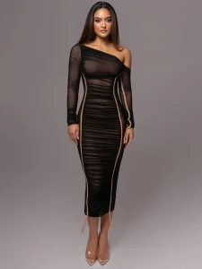 Mozision Diagonal Collar Long Sleeve Midi Dress For Women Two Layer Mesh Backless Ruched Bodycon Club Party Sexy Long Dress - Image 6