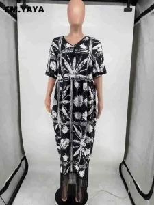 CM.YAYA Women Printed Half Sleeve V-neck Tassel Hem Loose Maxi Dress 2023 Street Vintage Robe Long Dresses Vestidos - Image 6