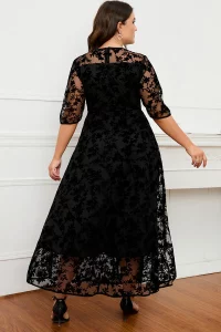 Plus Size Short Sleeve Maxi Dress Women Black Lace Flocking Mesh Velvet Double Layer Long Formal Dress Elegant Party Dress - Image 5