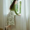 Women Summer Chic Green Dress 2023 Korean Lady Graceful Print Camisole Dress Knit Shirt 2 Piece Set Sunscreen Tops Dresses Suits - Image 3
