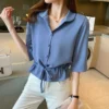 Summer Women All-match Solid Turn-down Collar Half Sleeve Chiffon Shirt Fashion Casual Shirring Single-breasted Blouses Female - Image 5