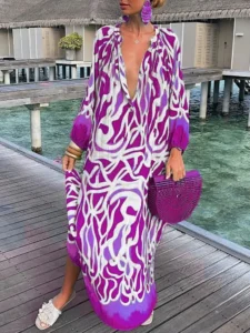 Women Boho Maxi Dress 2023 Summer Sexy Deep V-Neck Long Dresses Vintage Print Long Sleeve Loose Beach Cover Up Female Dress Robe - Image 6