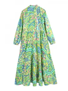 Foridol Paisley Print Shirt Dress Elegant Autumn Spring Green Dress Floral Print Boho Female Maxi Dress Long Sleeve Dress 2024 - Image 4