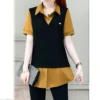 Office Lady Korean Solid Color Spliced Fake Two Pieces Blouse Fashion All-match Polo-Neck Casual Shirt Summer Women's Clothing - Image 3