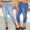 Plus Size Tassel Patchwork Vintage Stretchy Skinny Knee Length Distressed Mom Jeans Breeches Denim Jeggings Pant Leggings Capris - Image 5