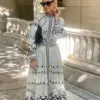 Ladies Elegant Printed Midi Dress With Belt Fashion Stand Collar Long Sleeve A-line Dresses Spring Female Casual Street Vestidos
