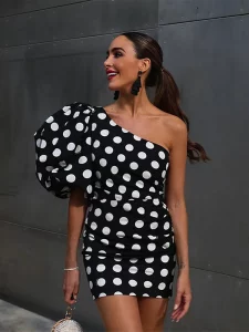 Elegant Slant Shoulder Polka Dot Dress Short Dress For Women Sexy Half Sleeve Backless Female Mini Dresses Street Party Vestidos - Image 5