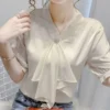 Female Commute Fashion Solid Color Chiffon Shirt Office Lady Simplicity All-match V-Neck Spliced Blouse Summer Women's Clothing - Image 6