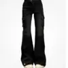High Street Office Lady Black Flare Jeans Slim Bell Bottoms Gyaru Fashion Denim Trousers Multiple Pockets 2000s American Retro