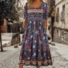 2023 Vintage Boho Stripe Print Women Sundress Summer Fashion V-Neck Short Sleeve Dress Elegant Ladies Midi Dress Femme Vestidos - Image 2