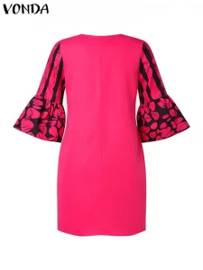 VONDA Bohemian Summer Mini Dress Women Floral Printed Short Sundress 2024 Fashion 3/4 Flare Sleeve V-Neck Casual Loose Robe - Image 5