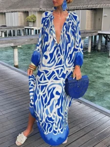 Women Boho Maxi Dress 2023 Summer Sexy Deep V-Neck Long Dresses Vintage Print Long Sleeve Loose Beach Cover Up Female Dress Robe - Image 5