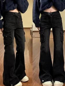 High Street Office Lady Black Flare Jeans Slim Bell Bottoms Gyaru Fashion Denim Trousers Multiple Pockets 2000s American Retro - Image 2