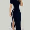 Women Sport Solid Dress Short Sleeved Round Neck Side Split Long Dresses Slim Fit High Waist Casual Ladies 2023 Autumn - Image 6