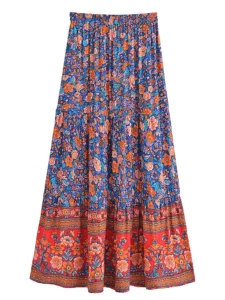 Vintage Chic Women Hippie Summer Tassel Elastic Waist Boho Skirt Multi Floral Printed Rayon Beach Bohemian Pleated Maxi Skirts - Image 2