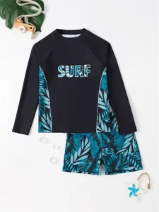 Boy Swimsuit 2024 New Solid And Print Long Sleeve Children Swimwear Summer Kids Beach Wear Shorts Swimming Bathing Suit For Men - Image 3