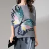 Colorful butterfly printed pleated short top gray T-shirt for women chinese style clothes dress sleeves for women - Image 2