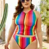 Plus Size Women's Bathing Suits 2022 Fashion Zipper Rainbow Colorful Striped Print Women's Swimsuits Beach Bikini