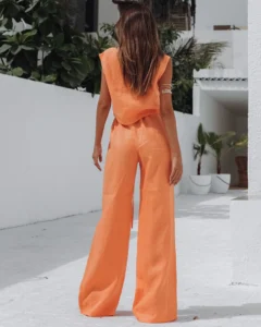 Summer Cotton Linen Vest Suit Solid Color Sleeveless Vest Wide Leg Pants Two Piece Set Women Outfit Fashion Trousers Sets 2023 - Image 6