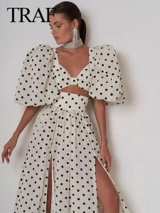 TRAF Women Fashion Skirt Suit 2024 Spring Elegant Short Sleeve Square Neck Polka Dots Printed Cropped Top High Waist Slit Skirt - Image 3