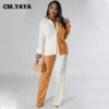 CM.YAYA Colorblocked Pleated Women's Set Oversized Long Sleeve Shirt and Wide Leg Pants 2023 Two 2 Piece Sets Outfits Tracksuit - Image 2